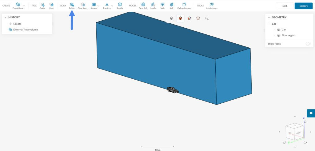 deleting the solid body from the model so the flow region is the only part used for the incompressible analysis