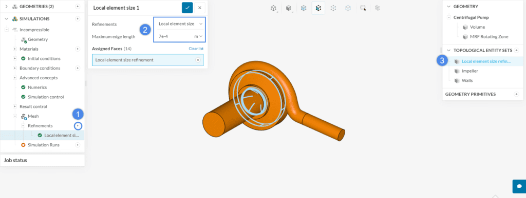 standard meshing tool local element size for a pump geometry