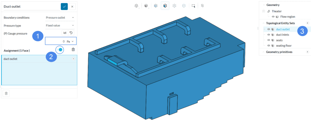 pressure outlet assignment for the ducts of theater room, thermal comfort study
