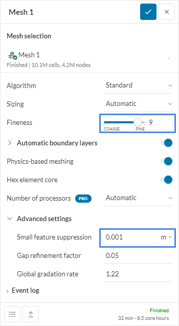 settings for the standard meshing