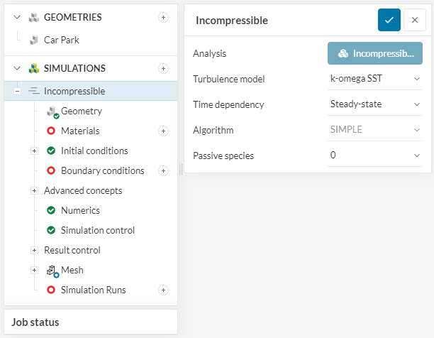 simulation tree in simscale showing the steps on setting up a new simulation