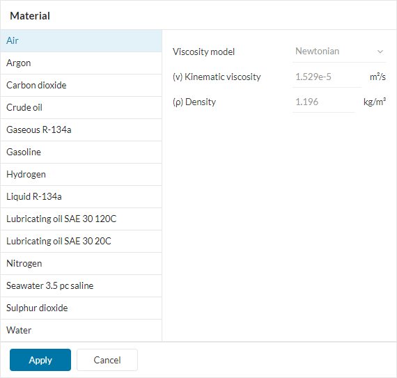 material list with air selected in SimScale