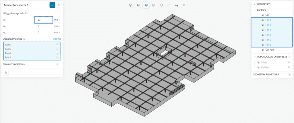 settings of the jet fans where the average velocity is 10 m/s in the x-direction