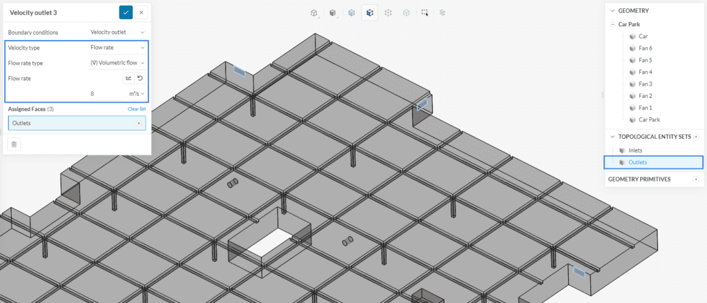 velocity outlet boundary condition for outlets for car park contamination simulation with velocity as volumetric flow rate with a value 8 m3/s