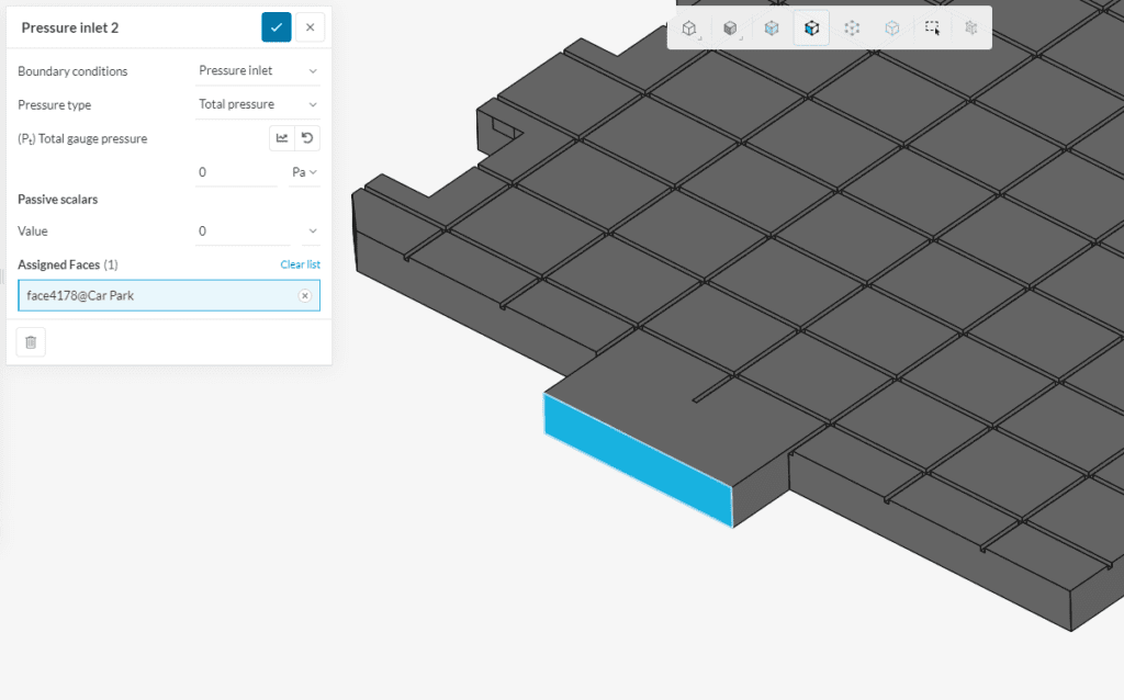 velocity inlet boundary condition used for car park contamination simulation with default values