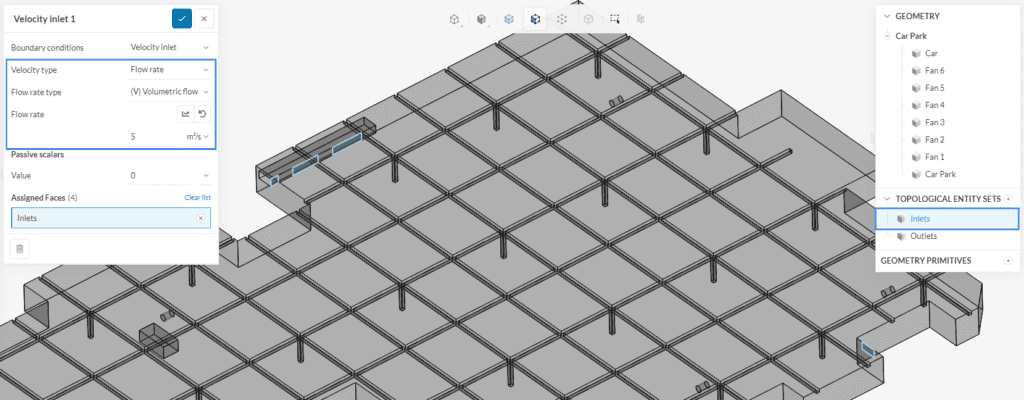 velocity inlet boundary condition used for car park contamination simulation with velocity defined as volumetric flow rate and a value of 5 m3/s