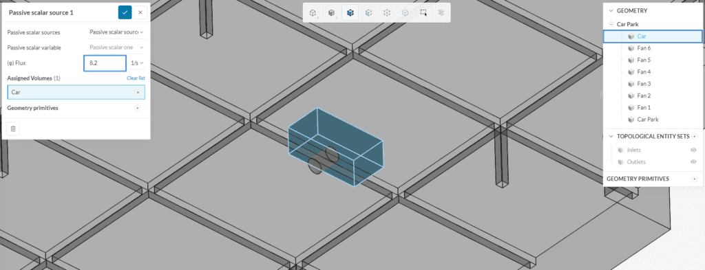 passive scalar source defined for car park contamination simulation with flux value of 1 1/(m2/s)