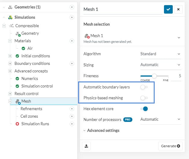 standard meshing tool main settings set up