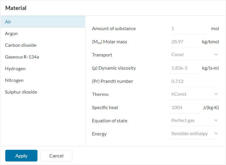 materials available for flow simulations in simscale