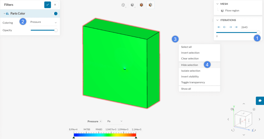 select walls and hide them to show pressure distribution on the wing