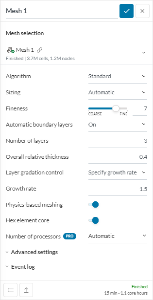 mesh parameters setup