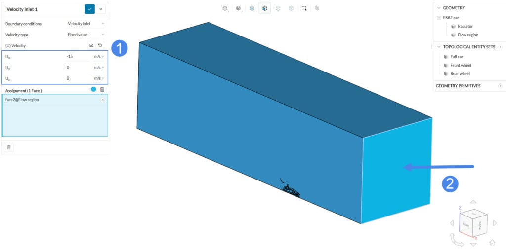 assigning on the inlet the horizontal velocity value that represents the speed of the car.