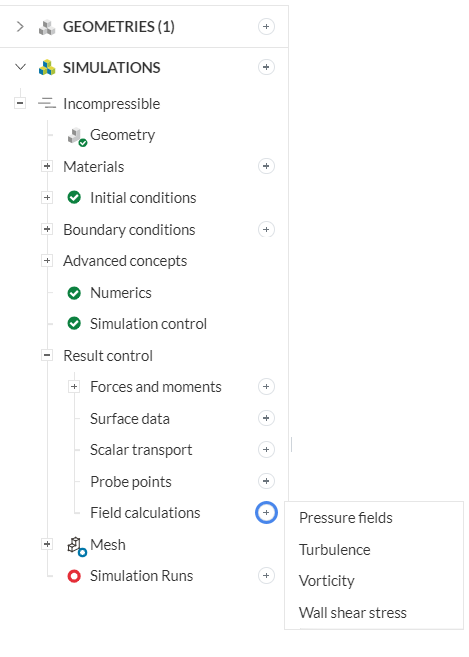 field calculation menu including pressure fields, turbulence , vorticity and wall shear stress