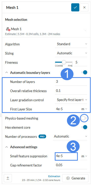 standard mesher main tab includes automatic boundary layer physics-based simulation, small feature suppression and gap refinement factor