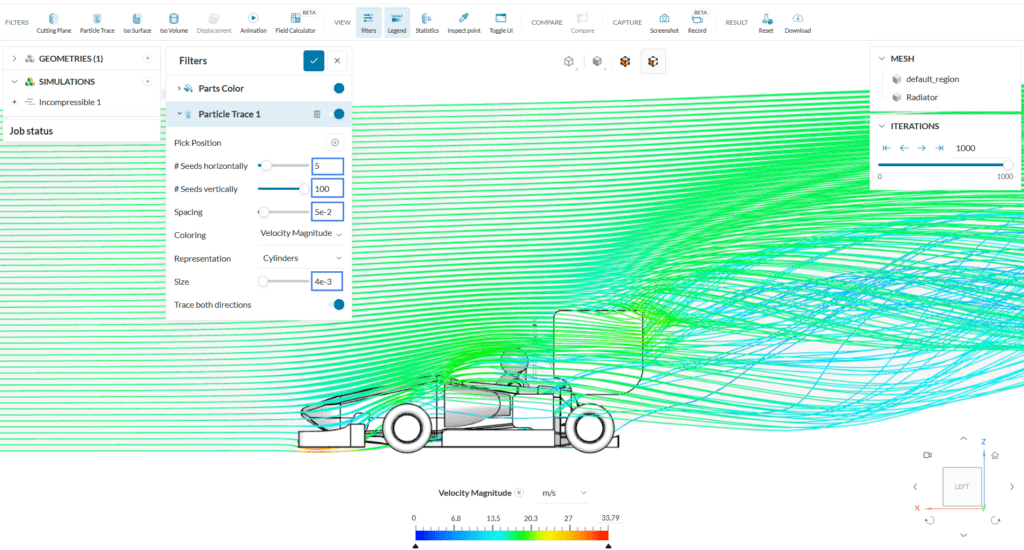the streamlines colored with the velocity magnitude