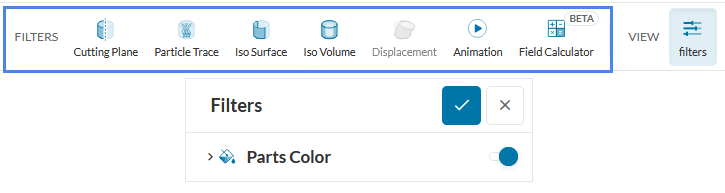 Filters for post-processing including beta field calculator and others like cutting plane, particle trace, iso surface, iso volume and animation.