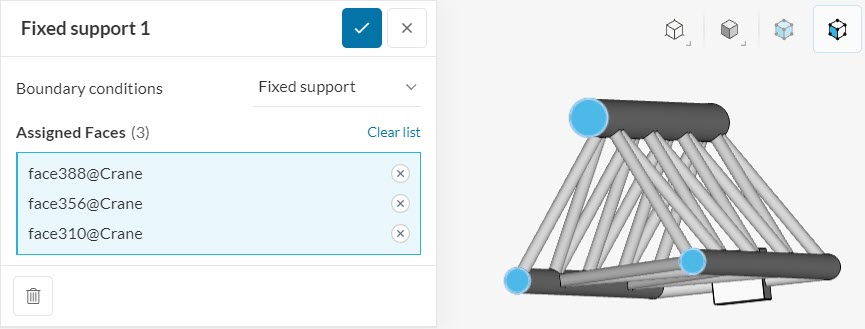 fixed support boundary condition placed at  three faces of the foundation of the crane for linear static simulation
