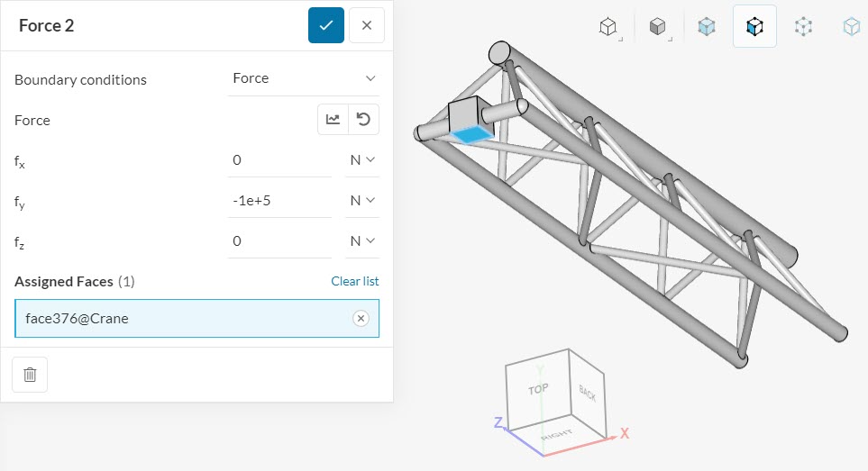 -100 kn force boundary condiiton applied at the top of a crane model for a linear static simulation