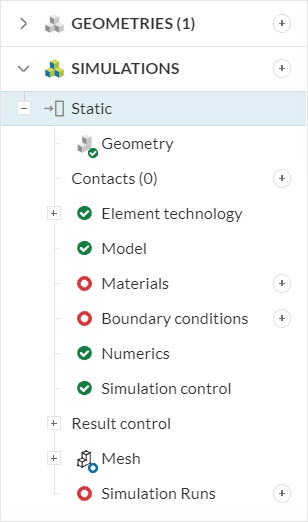 simulation tree of a linear static simulation in simscale