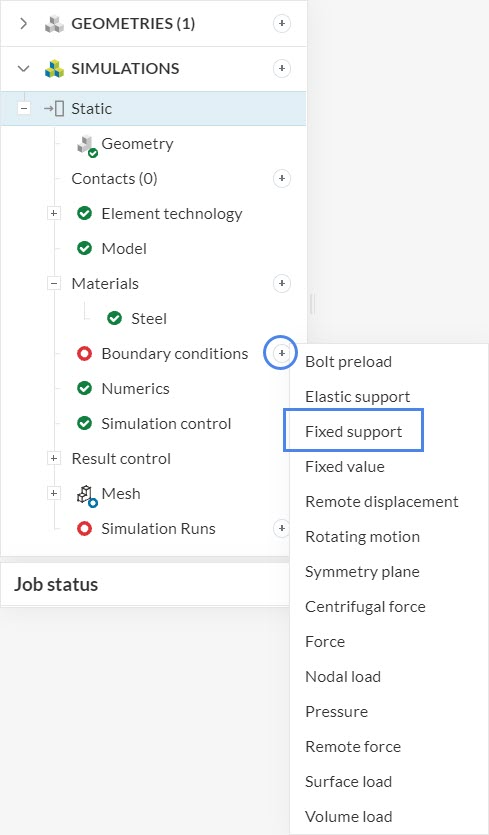 steps to select fixed support boundary condition for linear static simulation