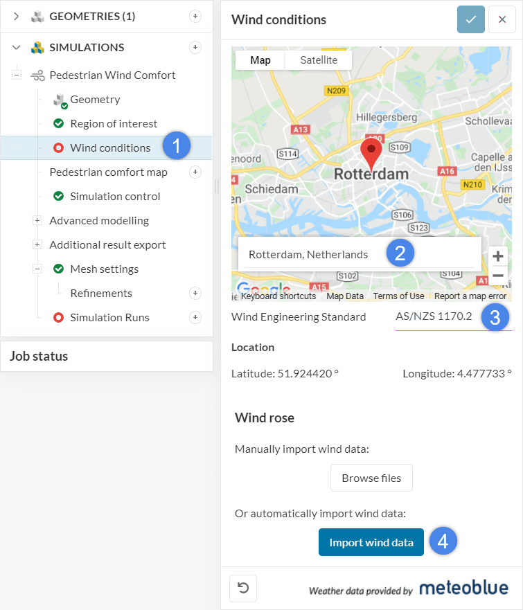 wind condition dialog box in simscale for pedestrian wind comfort simulation
