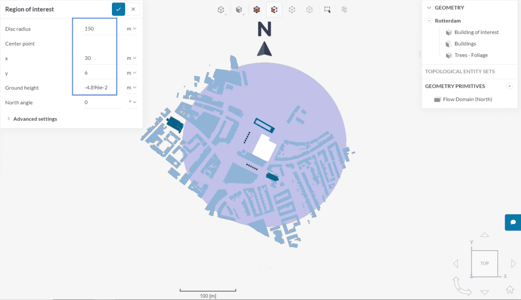 region of interest dialog box for pedestrian wind comfort simulation