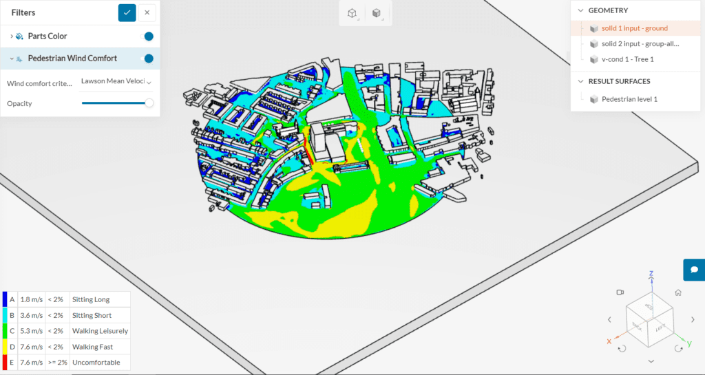 visualization of lawson pedestrian wind comfort criteria done with simscale
