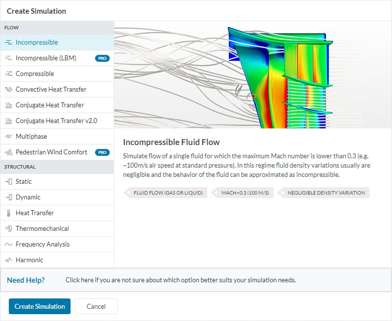 lists of analysis types available in simscale
