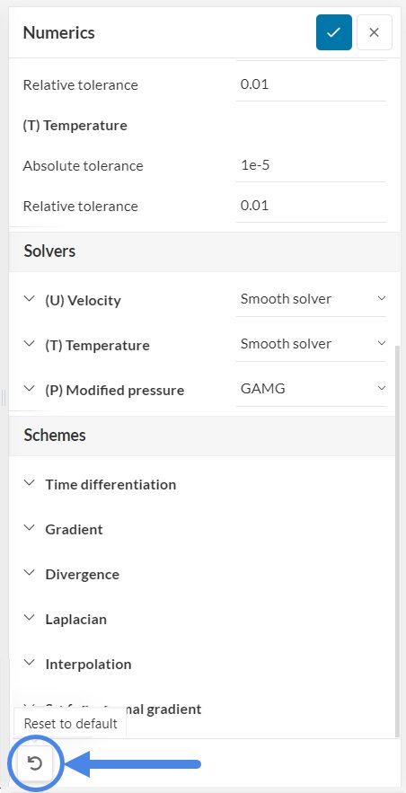reset to default feature under the numerics settings of incompressible analysis type in simscale