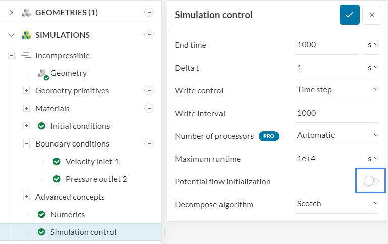 potential flow initialization simscale simulation control