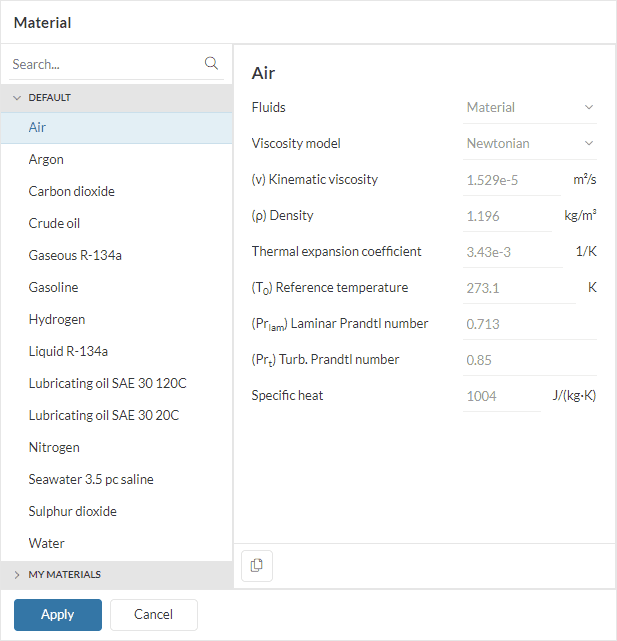 library of fluid materials in simscale