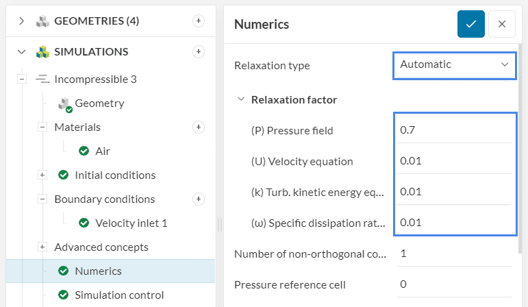 relaxation type and factors under simscale flow simulation numerics