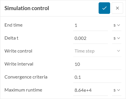 simulation control settings for the multiphase simulation in simscale