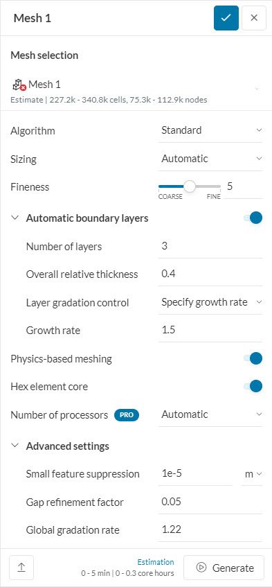 mesh settings for a standard mesher in simscale