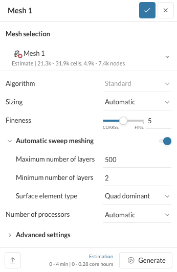 mesh settings for a automatic sweep method in simscale