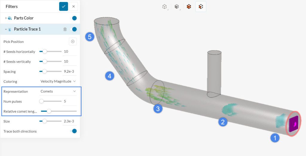 particle trace spheres and comets configuration