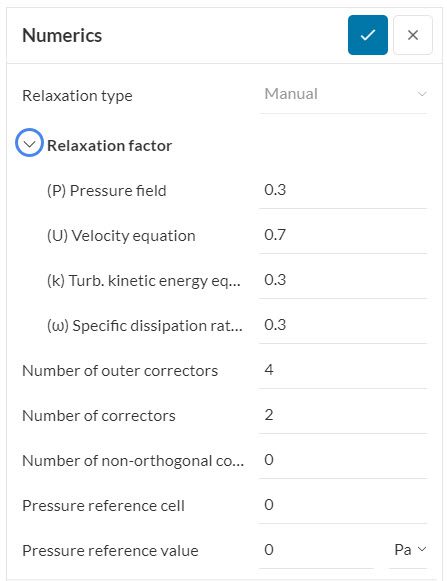Numerics panel relaxation factors for incompressible turbulent case 