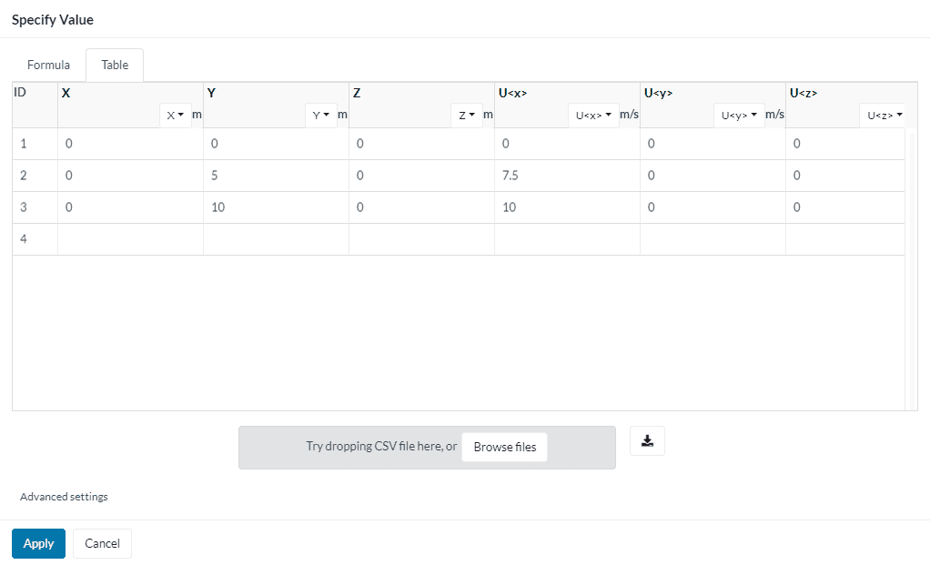 Velocity components tables simscale