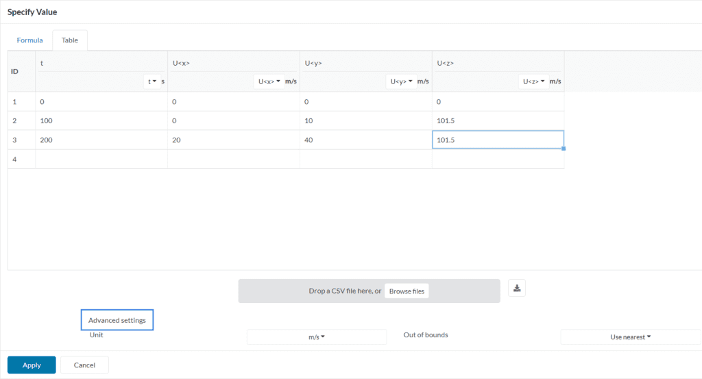 expanding advanced settings table definition