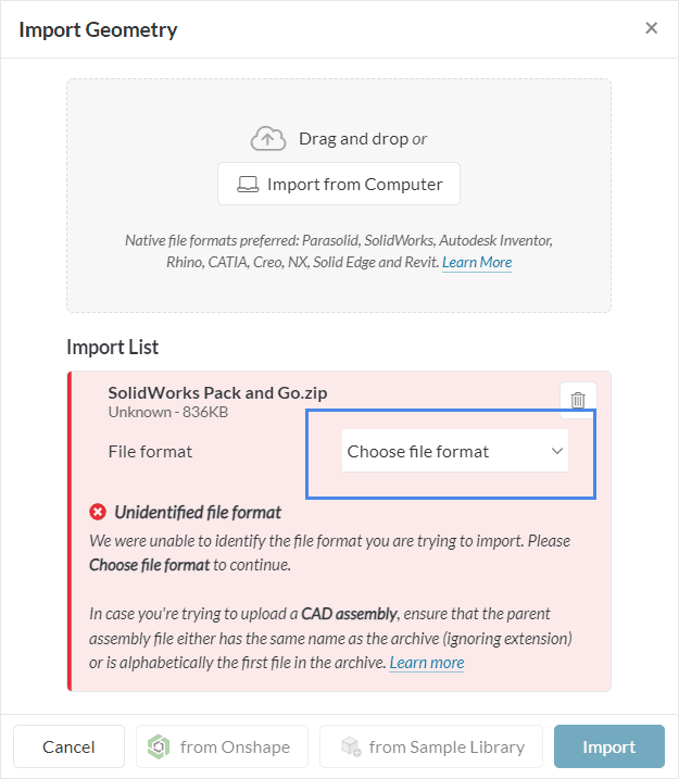 pack and go file warning zip during import format