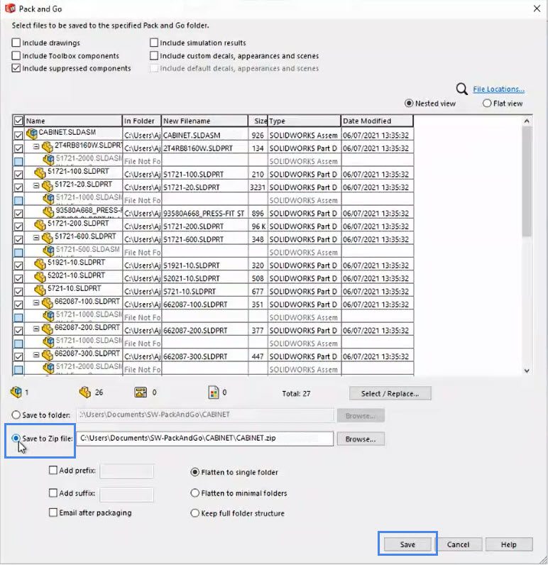 exporting a pack and go geometry as a zip file