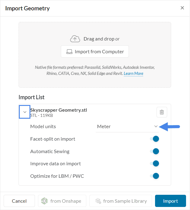 selecting units accordingly before uploading the cad model