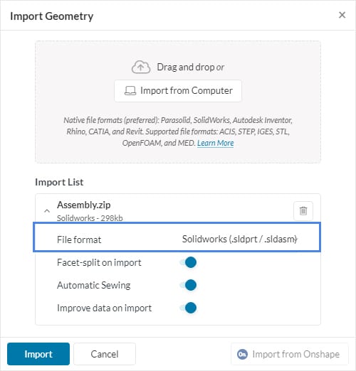 steps on how to upload assembly to simscale