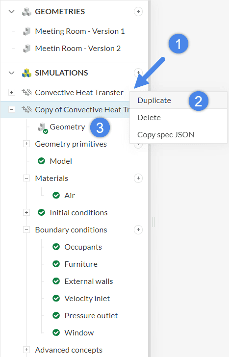 duplicating a simulation tree and maintaining assignments by switching geometry