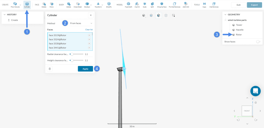 selecting faces for a cylinder cad mode operation