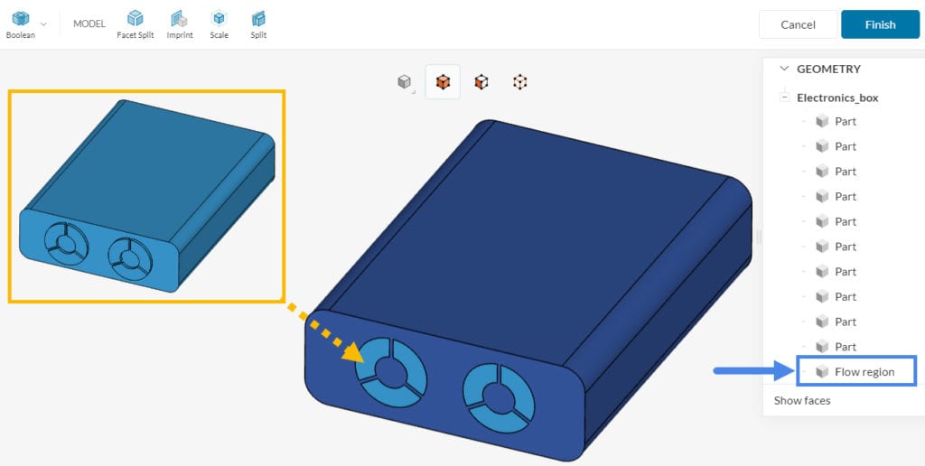 electronics box cad model and internal flow region in simscale cad mode