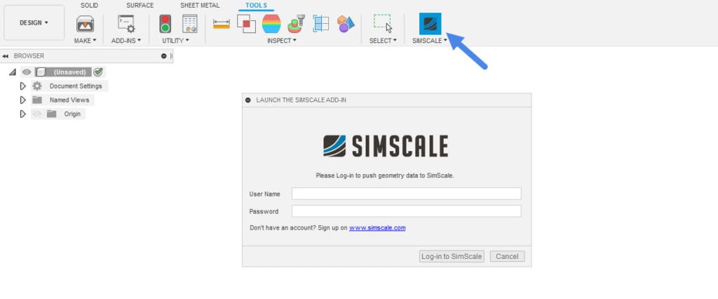 logging into simscale add-in on fusion