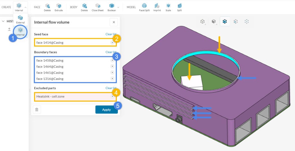 How to create an internal fluid region in simscale, using the cad mode