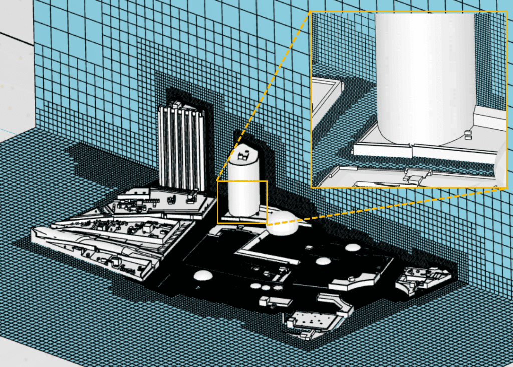 visualization the mesh resolution in pwc pedestrian wind comfort analysis on simscale
