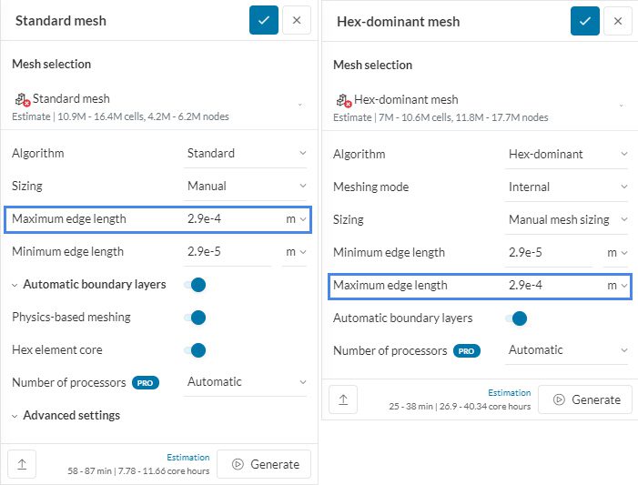 cell size and number setting in simscale for standard and hex mesh